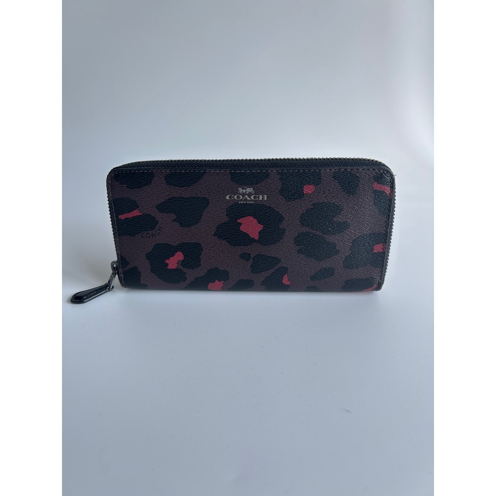 Coach Accordion‎ Zip Brown Red Leopard Coated Canvas Wallet Excellent